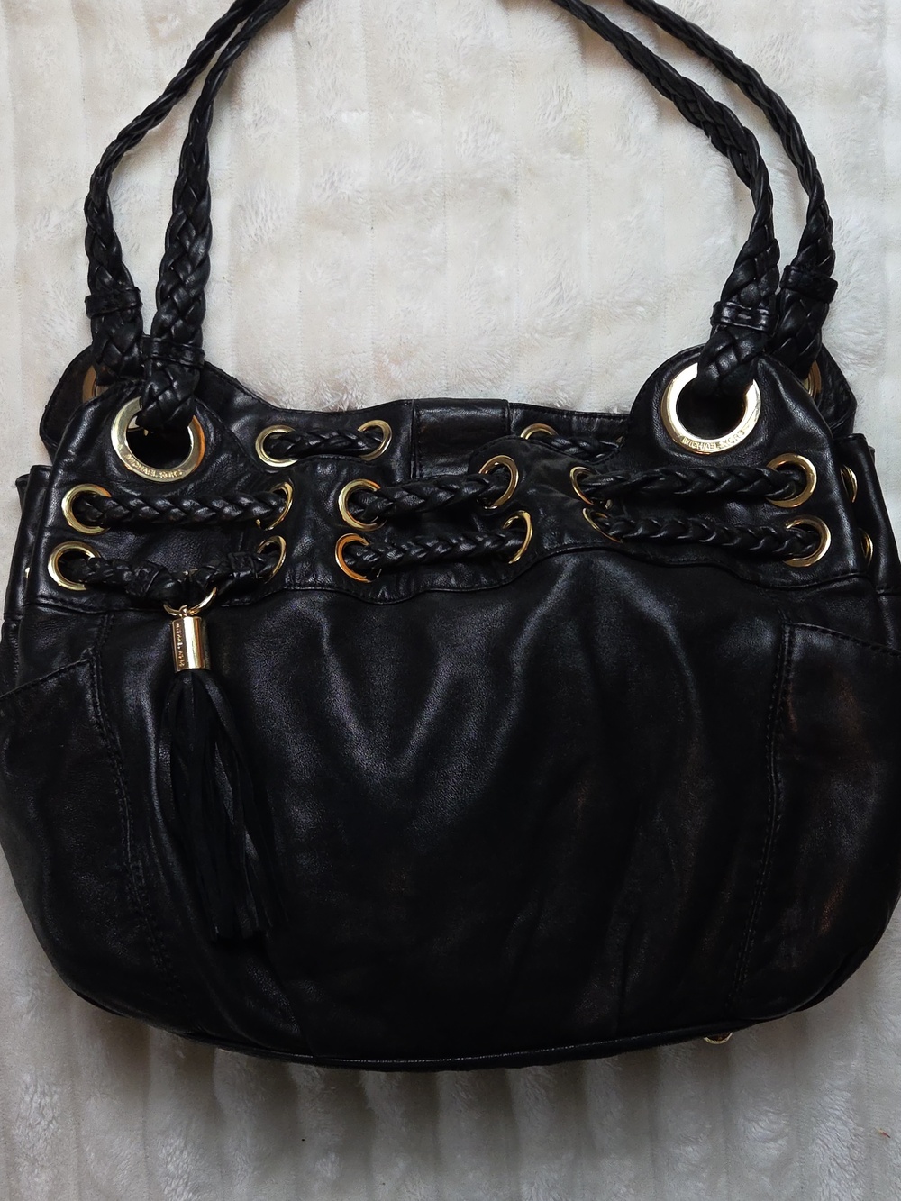 MICHAEL Michael Kors Black Soft Leather Braided Grommet Satchel Purse